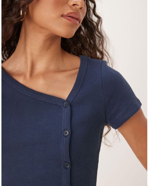 ASOS Blue Asos Deisgn Waffle Asymmetric Button Up Long Sleeve Top