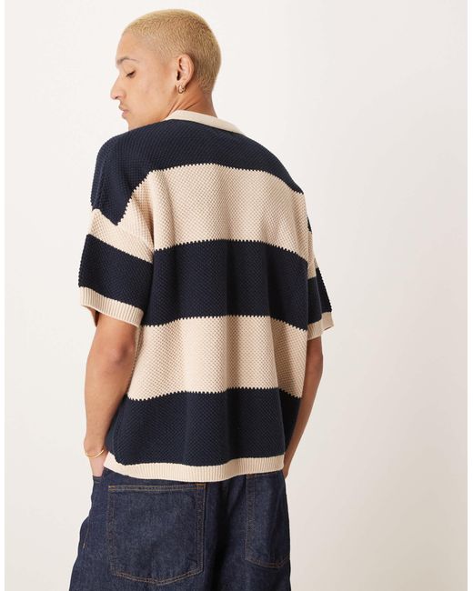 ASOS – strukturiertes oversize-polohemd aus strick mit en streifen in Blue für Herren