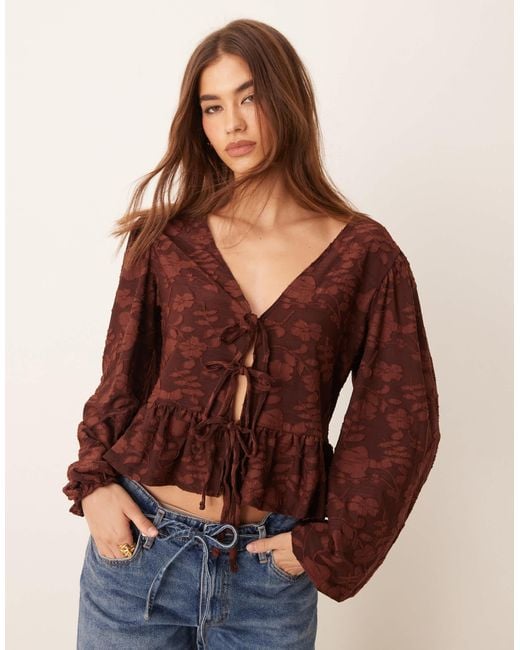 Miss Selfridge Brown Lace Puff Sleeve Tie Front Top