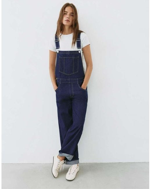 Pull&Bear Blue Long Denim Dungarees