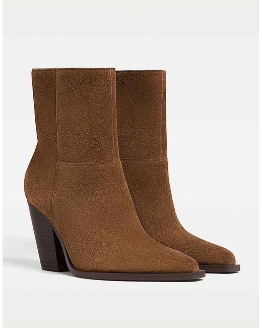 Stradivarius Brown Leather Cowboy Ankle Boots