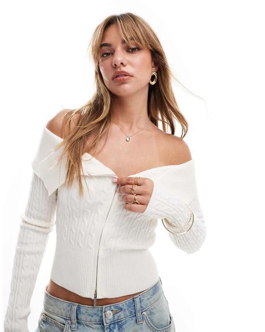 Bershka White Bardot Zip Front Cable Knit Jumper