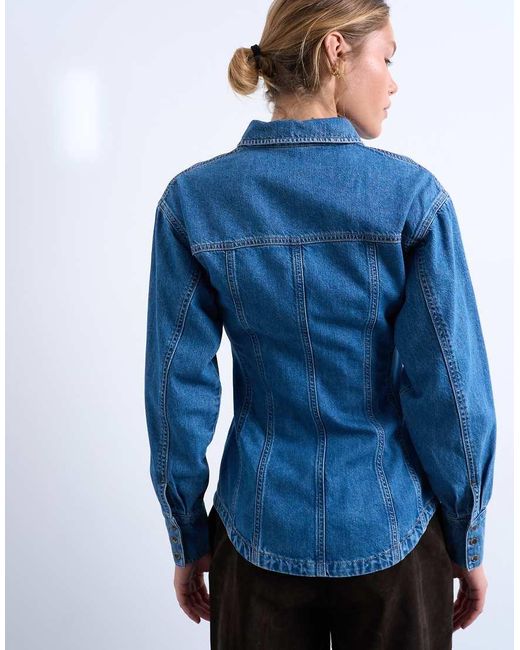 TOPSHOP Blue Denim Cinched Shirt With Seam Detail