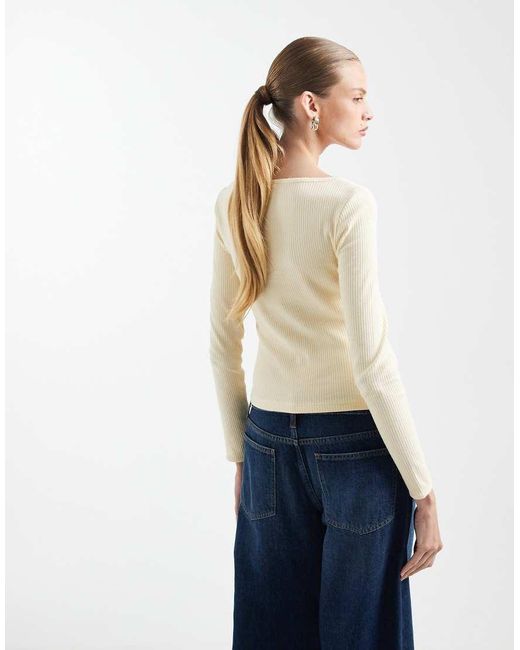 Miss Selfridge Blue Long Sleeve Rib Top With Lace Detail