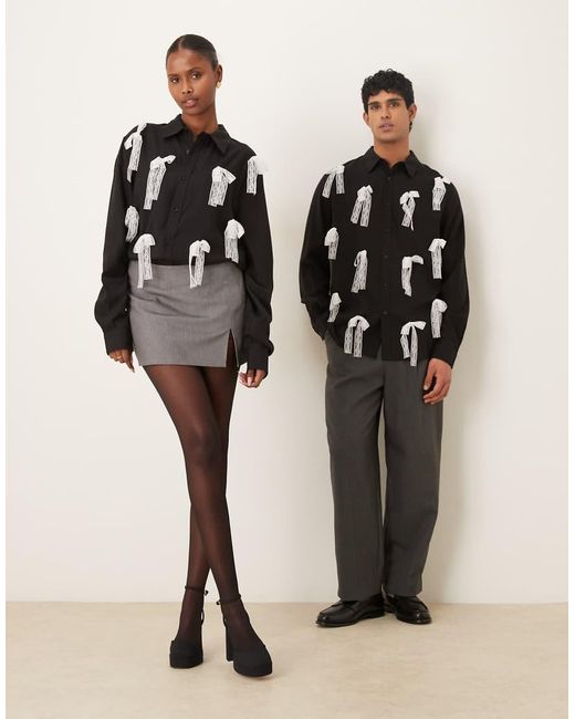 Sister Jane Black Unisex Contrast Lace Bow Shirt