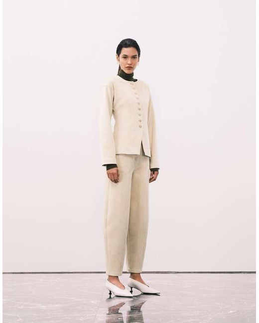 4th & Reckless Natural Faux Suede Collarless Gold Button Blazer Co-ord