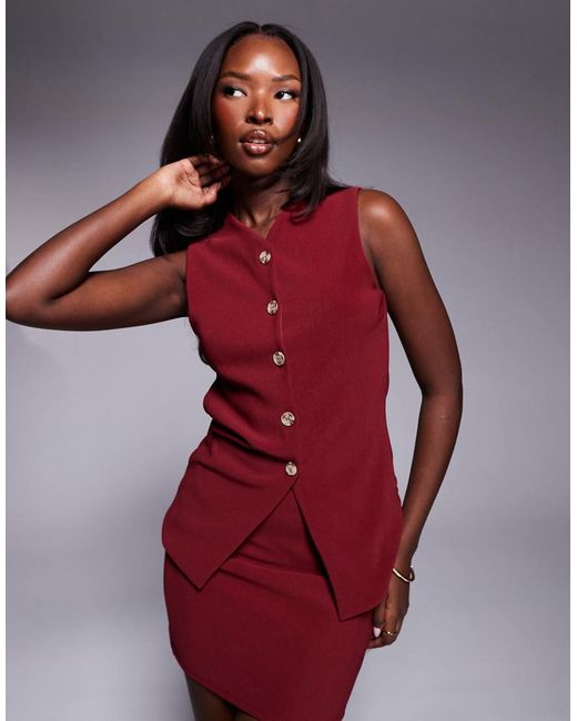 ASOS Geribbelde Gilettop Met V-Hals, Knoopsluiting En Lange Pasvorm in het Red