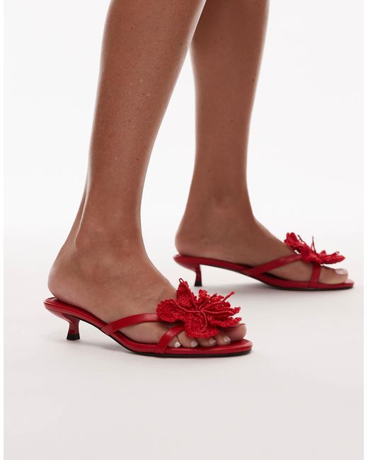 Ish - sandales à petit talon avec détail fleur en maille TOPSHOP en coloris Red