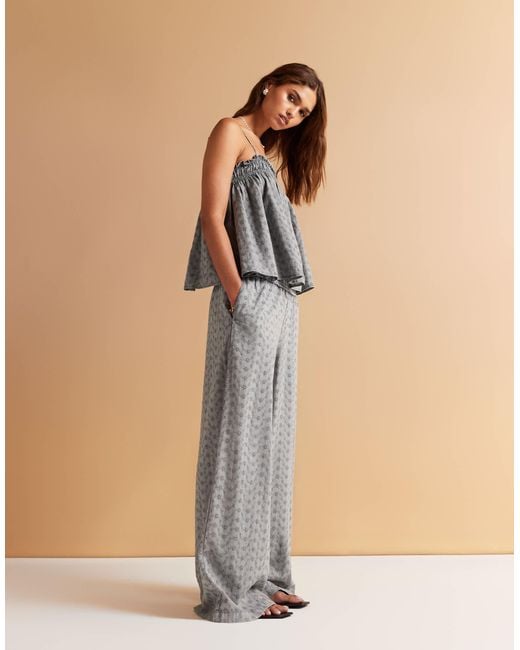 ASOS Natural Shirred Waist Wide Leg Broderie Trousers Co-ord