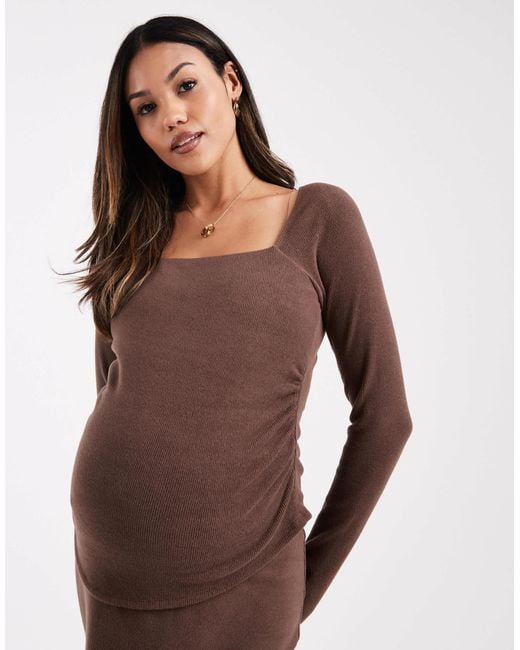 Asos design maternity - top d'ensemble côtelé à encolure carrée et manches longues - chocolat ASOS en coloris Brown