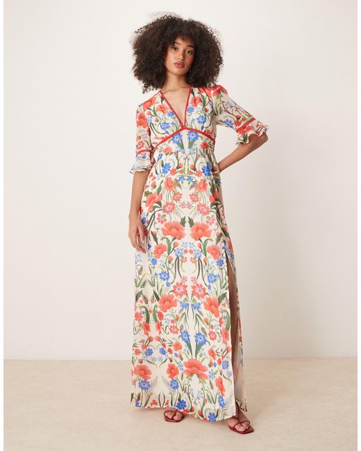 Robe longue à imprimé et dos ouvert avec manches volantées et fente sur la cuisse - multicolore Hope & Ivy