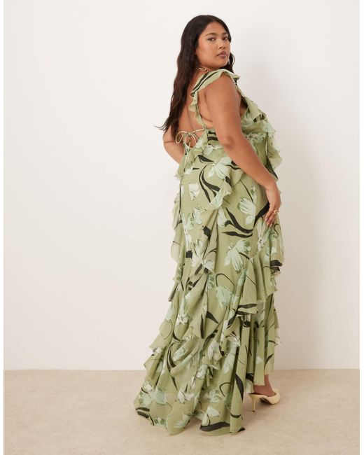 Asos design curve - robe longue en biais à volants et dos ou - à imprimé fleuri ASOS en coloris Green