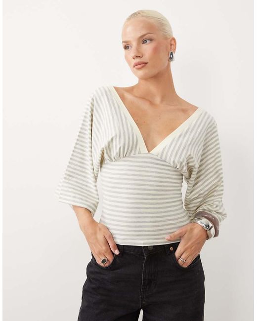 Gina Tricot White Deep V Neck Wide Sleeve Top