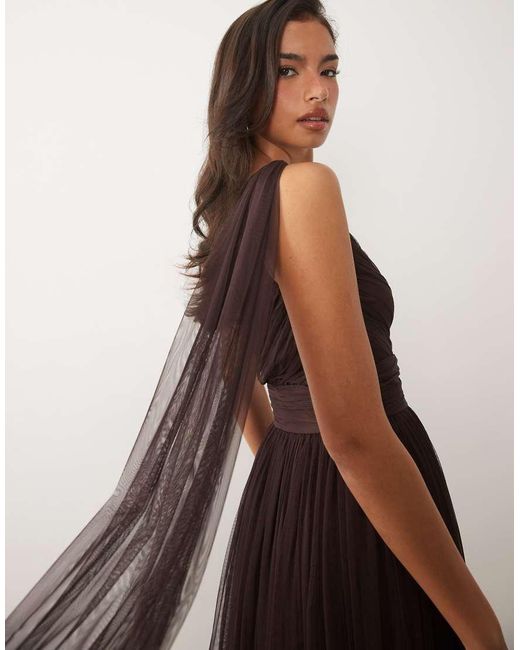 LACE & BEADS Black Bridesmaid Tulle One Shoulder Scarf Neck Maxi Dress