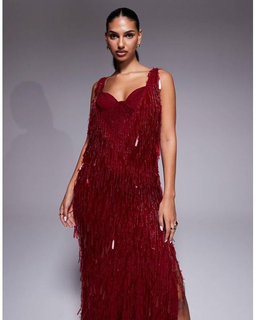 ASOS Red Fringe Embellished Cowl Neck Maxi Dress With Lace Bralette Underlay