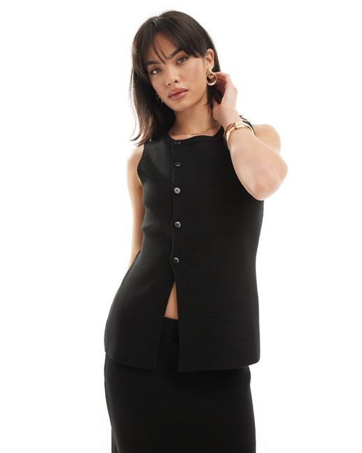 ASOS Black Knitted Asymmetric Button Front Waistcoat With Split