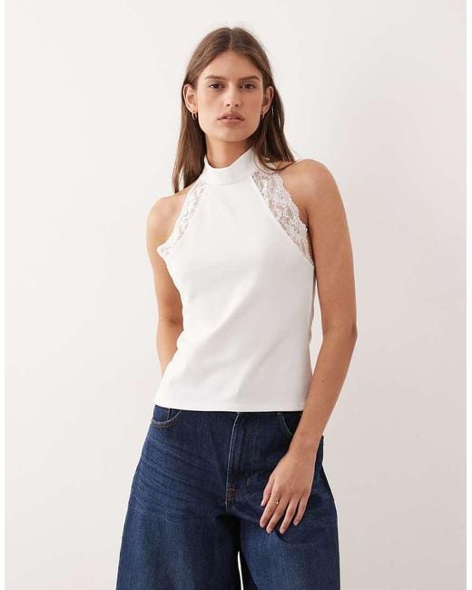 ASOS White Halter Neck With Lace Trim Top