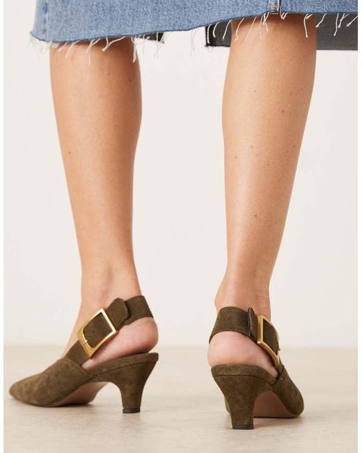 ASOS Natural Shiloh Large Buckle Detail Slingback Kitten Heel Shoes