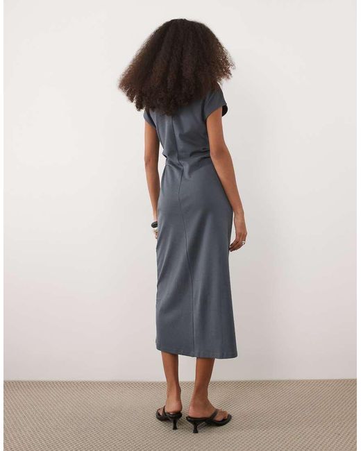 Mango Blue Cap Sleeve Midi Dress With Ruched Waist