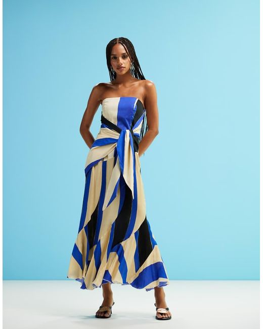 laagam Blue Aria Bandeau Striped Midi Dress