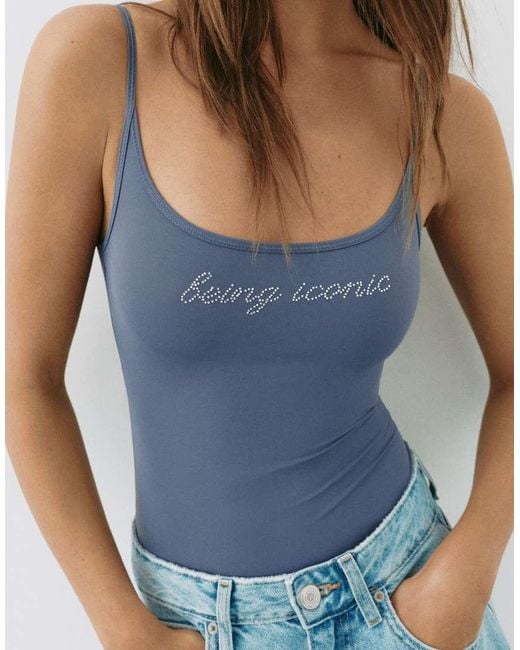 Pull&Bear Blue Rhinestone Graphic Bodysuit