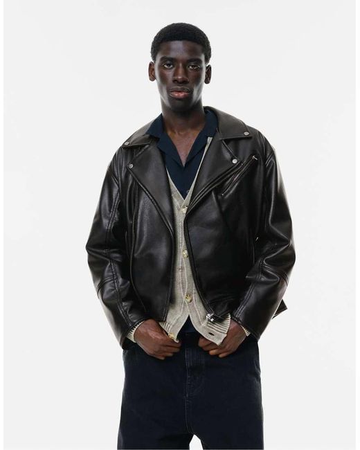 Pull&Bear Black Faux Leather Biker Jacket for men