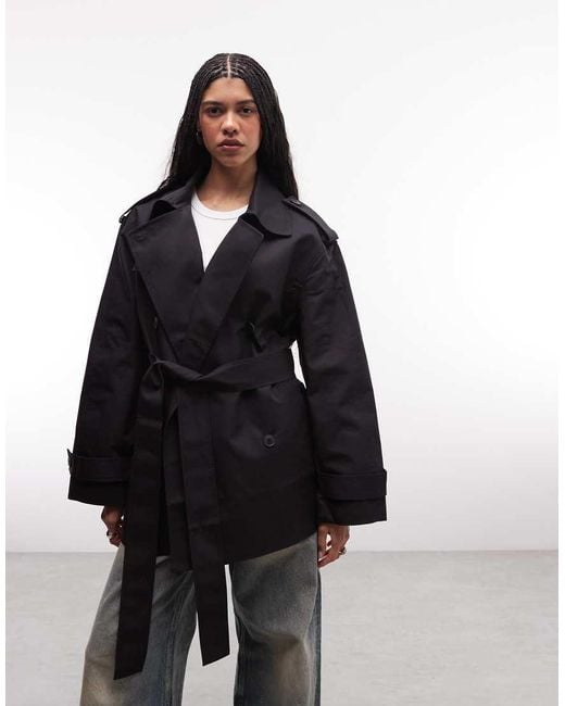 Weekday Black Oversized Short Trench Coat With Funnel Collar