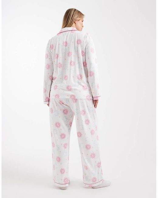 Loungeable White Curve Super Soft Jersey Revere Top And Wide Leg Pyjama Set