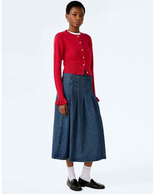 OMNES Red Skirts Pru Pleated Denim Midi Skirt