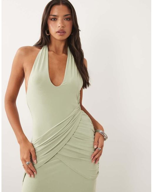 ASOS Green Plunge Slinky Maxi Dress With Ruched Drape Detail
