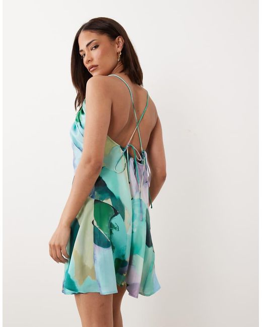 ASOS Blue Asos Design Petite Bias Cut Scoop Neck Low Back Satin Mini Dress