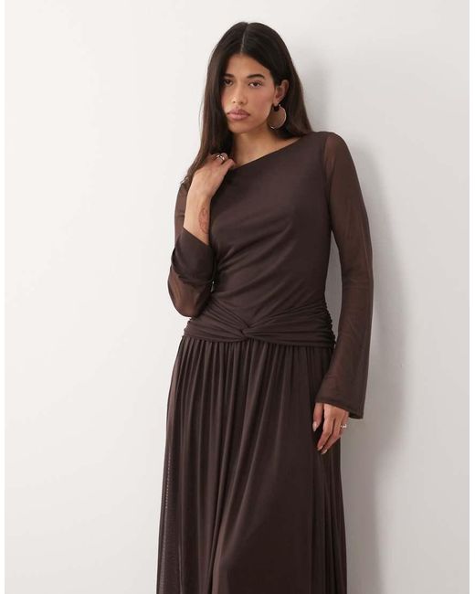 DASKA Brown Drop Waist Mesh Maxi Dress With Twist Detail