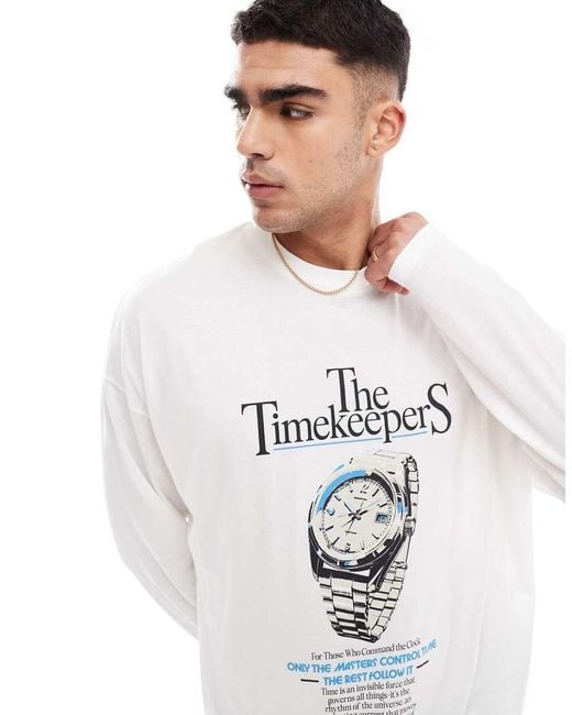 ASOS Oversized Long Sleeve TShirt With Watch Graphic in White for Men