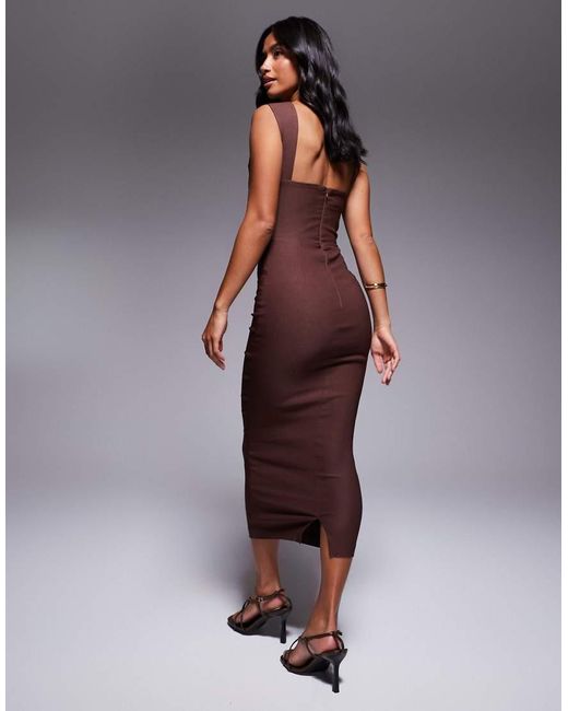 Vesper Petite Brown Bengaline Sweetheart Neckline Ruched Front Midaxi Dress