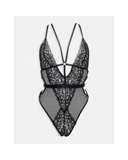 Ann Summers Black Obsession Lace And Fishnet Plunge Front Ouvert Bodysuit With Strapping Detail