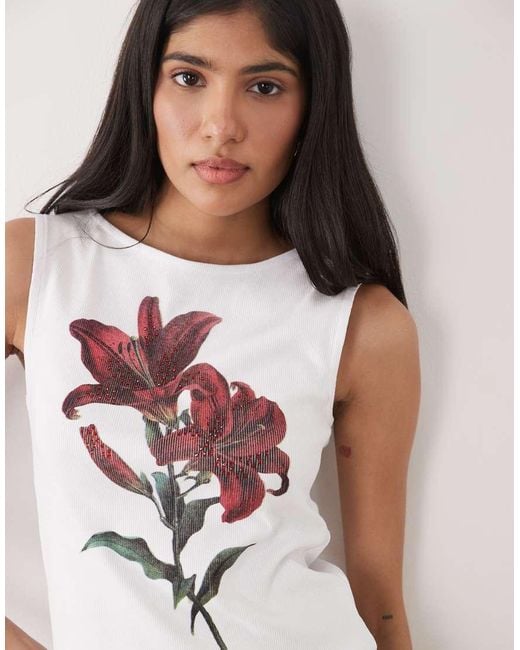 ASOS Pink Slash Neck Vest Top With Hotfix Flower Graphic