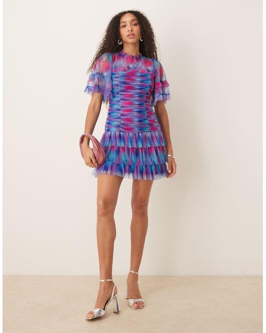 ANAYA Blue Abstract Watercolour Gathered Mini Dress