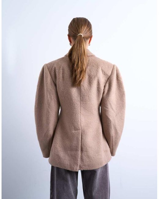 TOPSHOP Getailleerde Blazerjas Van Geborstelde Stof Met Bolle Mouwen in het Natural