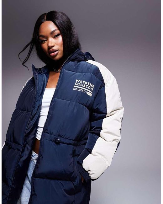 ASOS Blue Weekend Collective Waisted Padded Coat With Logo