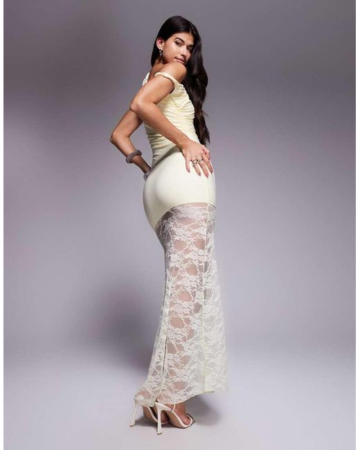 Kaiia Gray Exclusive Double Layered Slinky Twist Off Shoulder Asymmetric Sheer Lace Skirt Maxi Dress