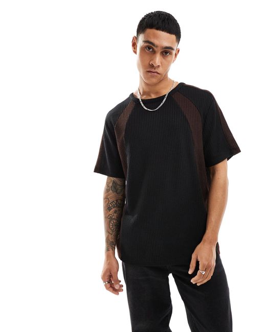 ASOS – oversize-t-shirt mit patchwork-design und waffelstruktur in Black für Herren