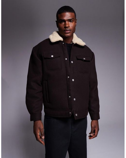 ASOS Blue Relaxed Wool-look Harrington Jacket With Borg Lining for men