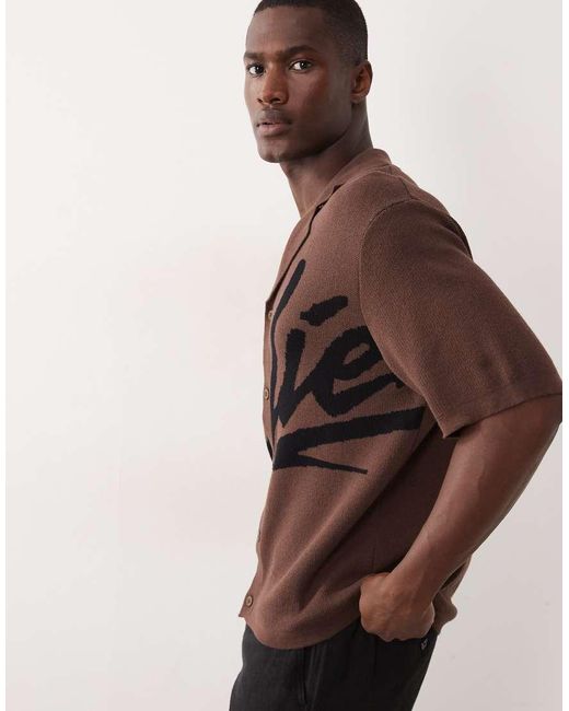 ASOS Brown Oversized Knitted Revere Button Through Shirt With Graphic for men