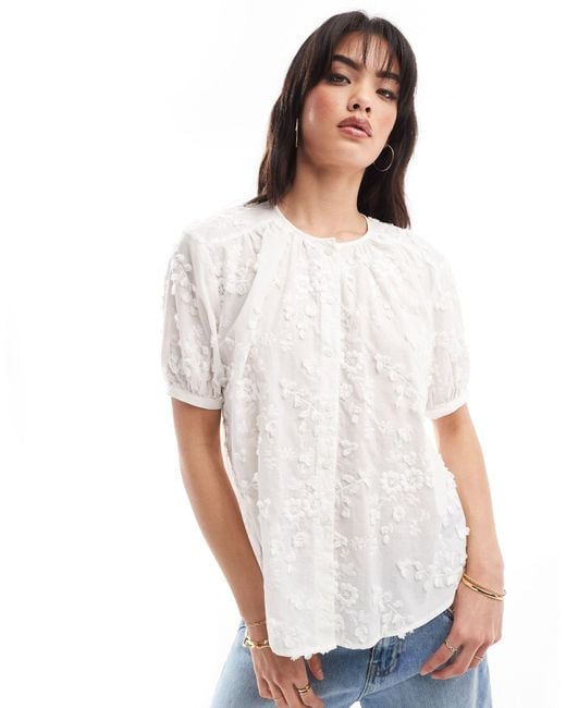 & Other Stories White Floral Embroidered Short Sleeve Blouse