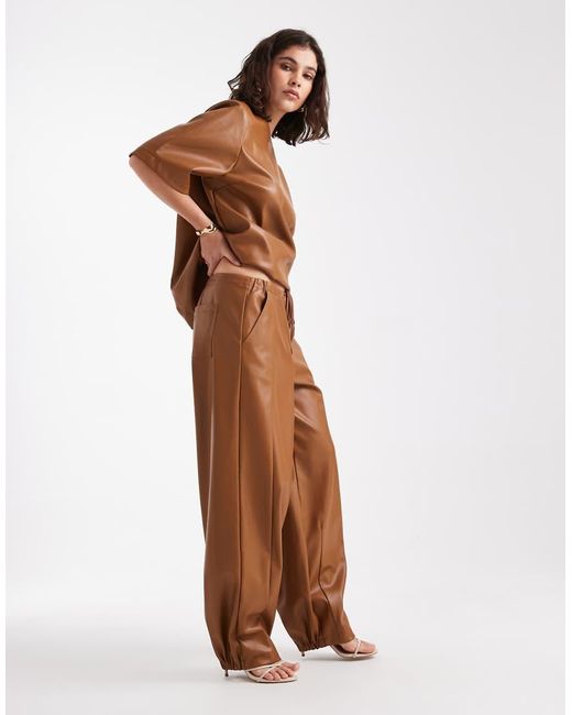 ASOS Brown Faux Leather Barrel Leg Pull On Trousers Co-ord