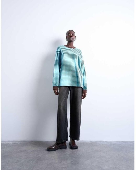 TOPSHOP Blue Stripe Long Sleeve Slouchy Skater Tee