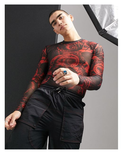 Jaded London Jaded Red And Black Space Game Long Sleeve Mesh