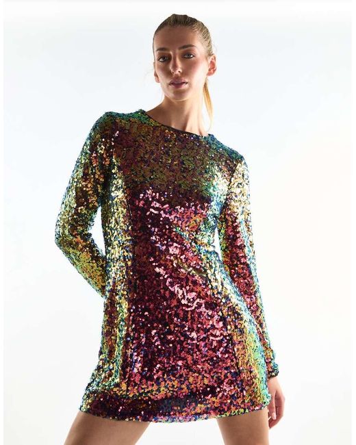 Glamorous Red Crew Neck Sequin Mini Dress