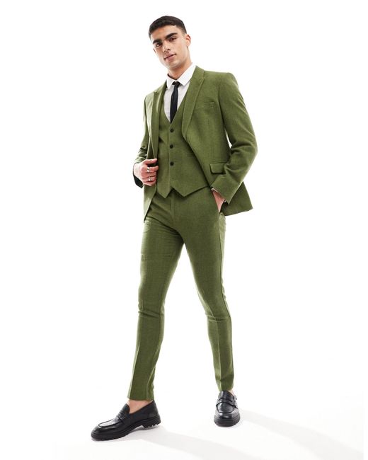 ASOS Wedding – eng geschnittene anzugjacke mit khaki fischgrätmuster in Green für Herren