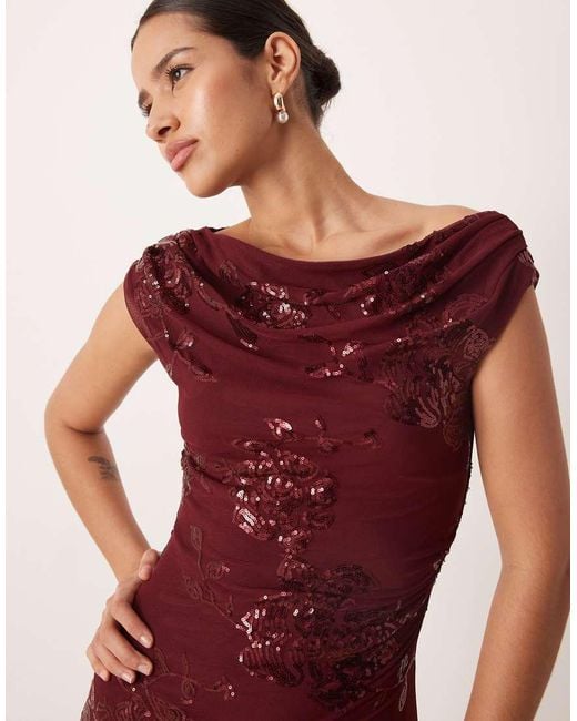Gina Tricot Red Fallen Off One Shoulder Asymmetric Sequin Maxi Dress